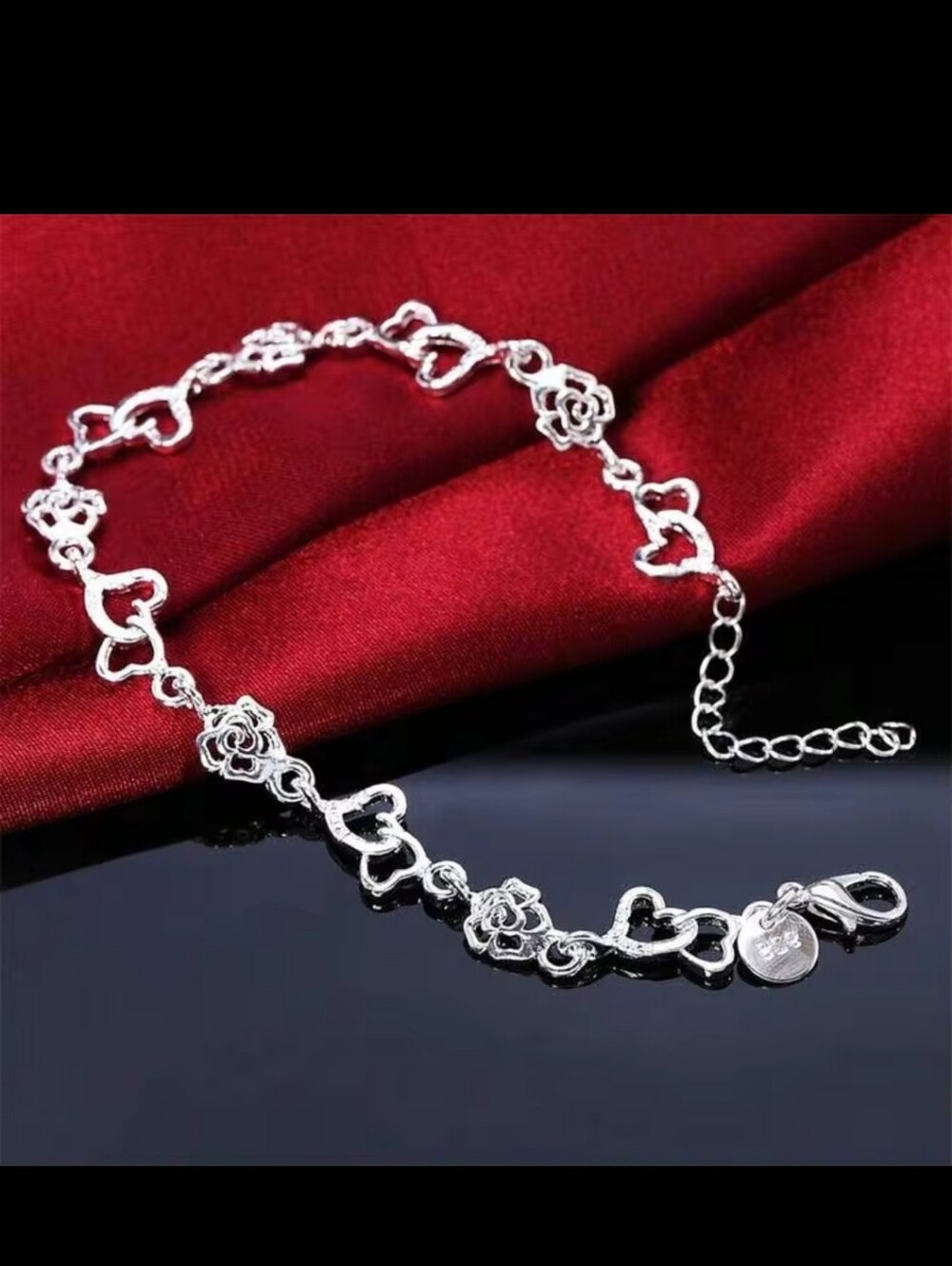 1pc 925 Sterling Silver 8in Charms Heart & Rose/flower Link Bracelet For Women. - Picture 5 of 12